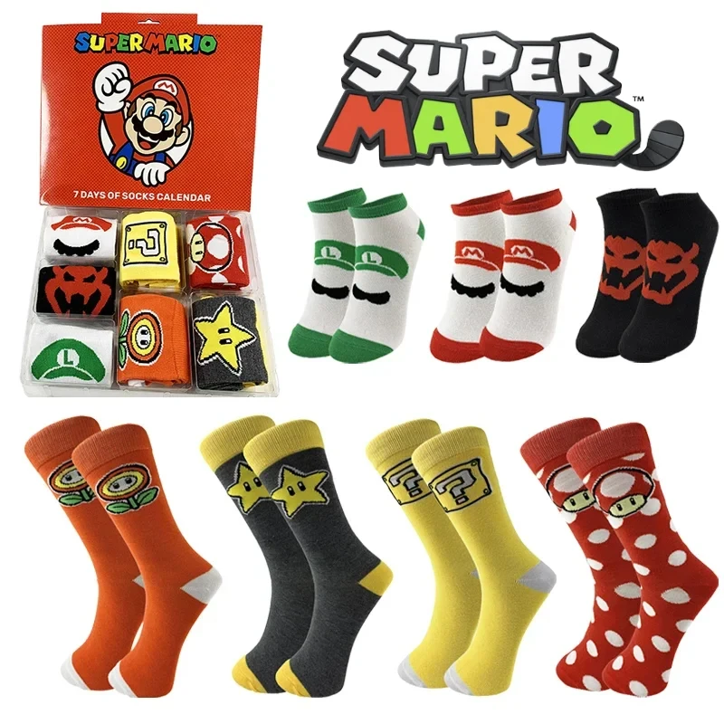 

7pcs/set Super Mario Brothers Socks Gift Box Anime Cartoon Fashion Hip Hop Breathable Sports Men's Socks Christmas Birthday Gift