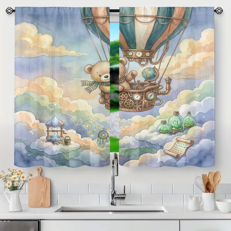 Dreamy Hot Air Balloon Cloud Bear Curtain Panel Window Decor Fantasy Nursery Room Semi Sheer Kids Decoration Drapery