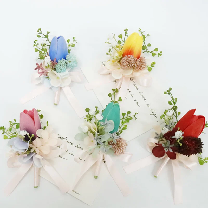 ประดิษฐ์ Boutonnieres ดอกทิวลิปดอกไม้กำไลข้อมือแฟชั่นอุปกรณ์เสริมเจ้าสาว Boutonniere Mariage Homme Fleurs Séchées