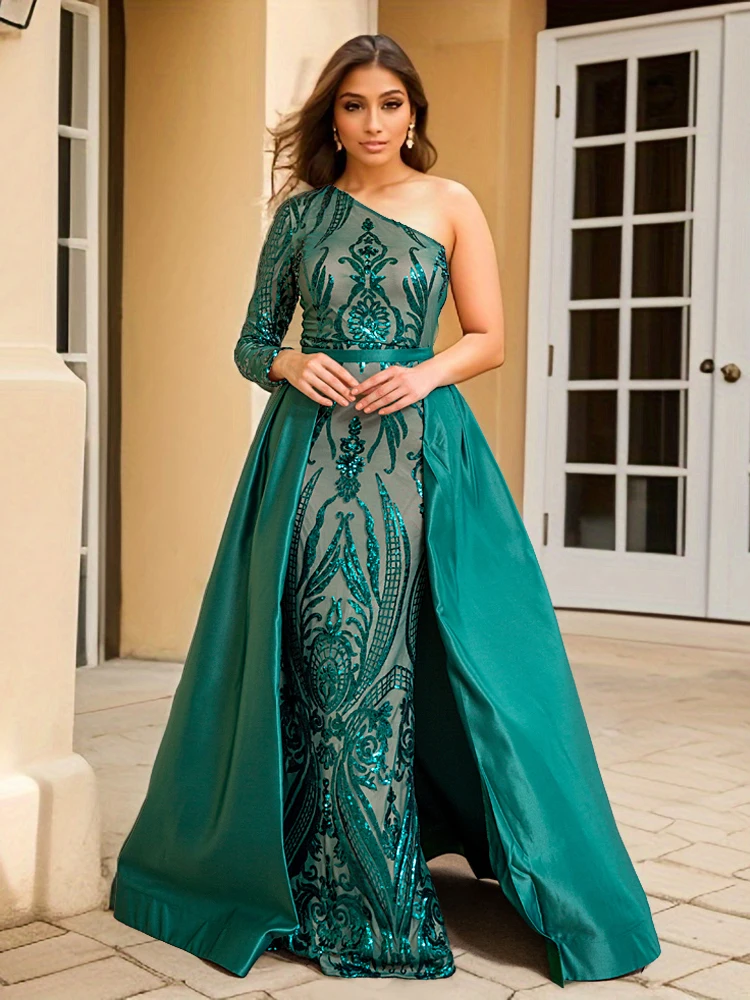 Retro Sequin Evening Dress Prom Ball Gown with Satin Skirt One Shoulder Single Sleeve Floor Length Stretchy