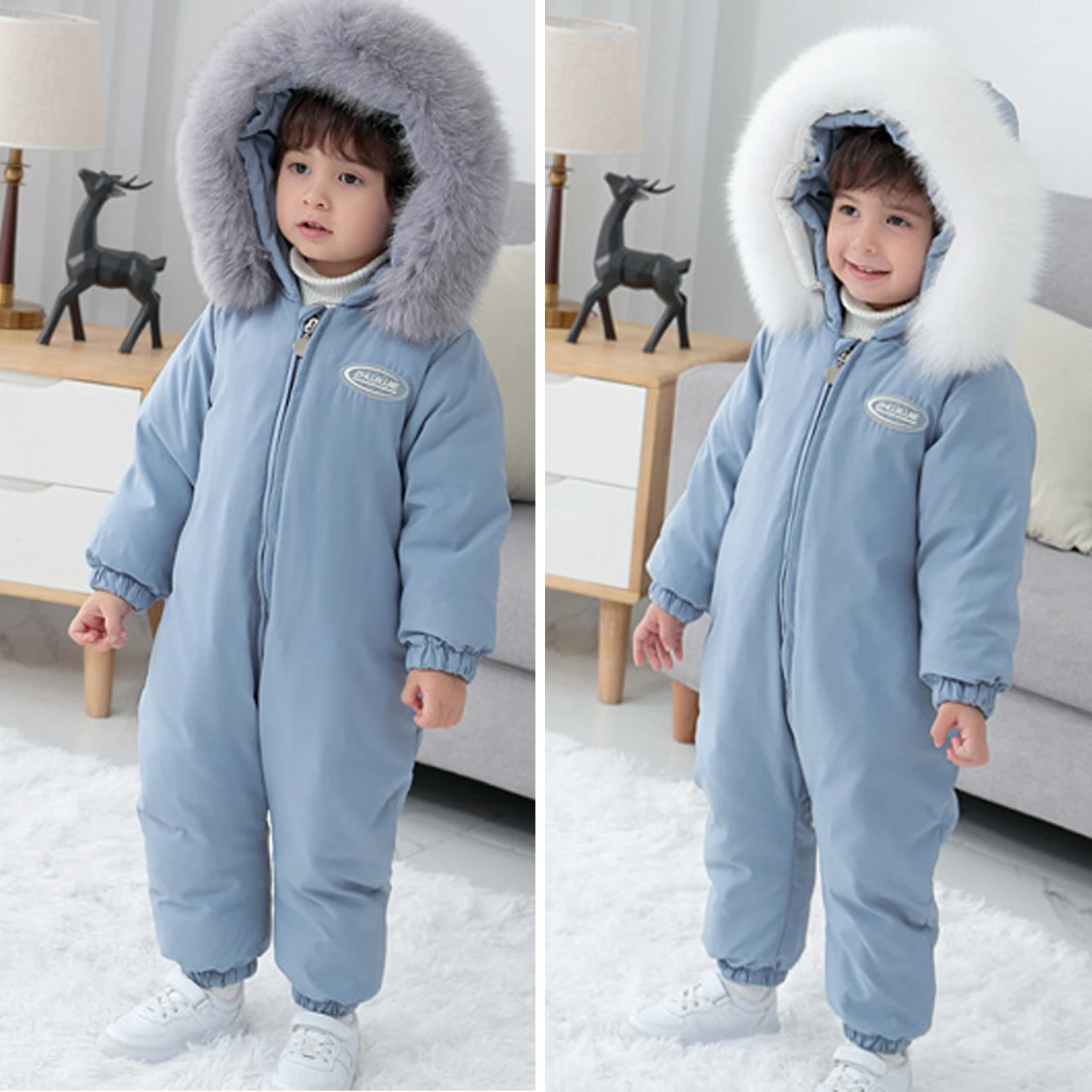 Snow Suits for Toddlers White Duck Down Babies Rompers with Hood Girls Boys Winter Warm Windproof Fur Collar Down Skiing Suits