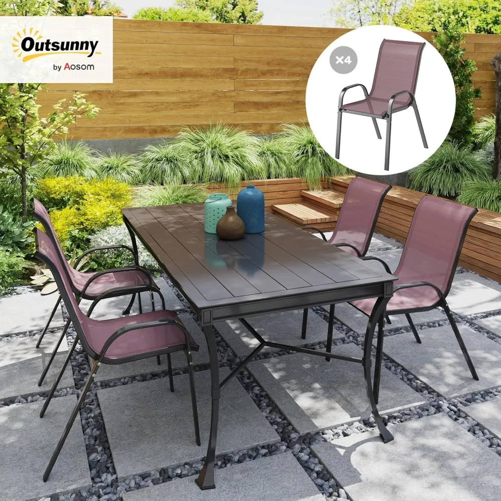 مجموعة كراسي تناول الطعام في الهواء الطلق مكونة من 4 قطع، كراسي تناول الطعام في الفناء قابلة للتكديس، وكراسي فناء خارجية عالية الظهر مع مقعد شبكي مسامي