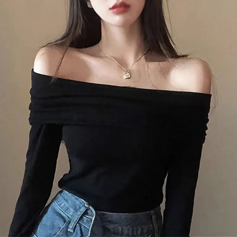 

Sexy Off Shoulder Slash Neck Pullover for Women Elegant Slim Long Sleeve Backless Party Wine Red Tees Korean Chic Y2K Crop Tops