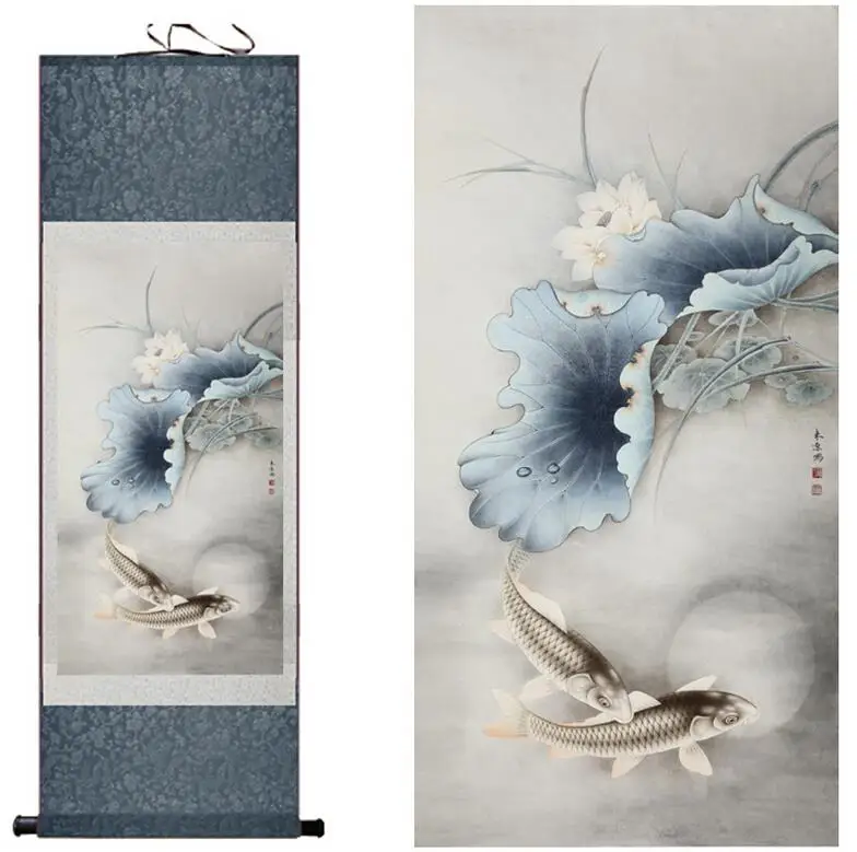 Traditional silk art  painting Fish and water lily   traditional Chinese Art Painting Home Office Decoration Chinese painting