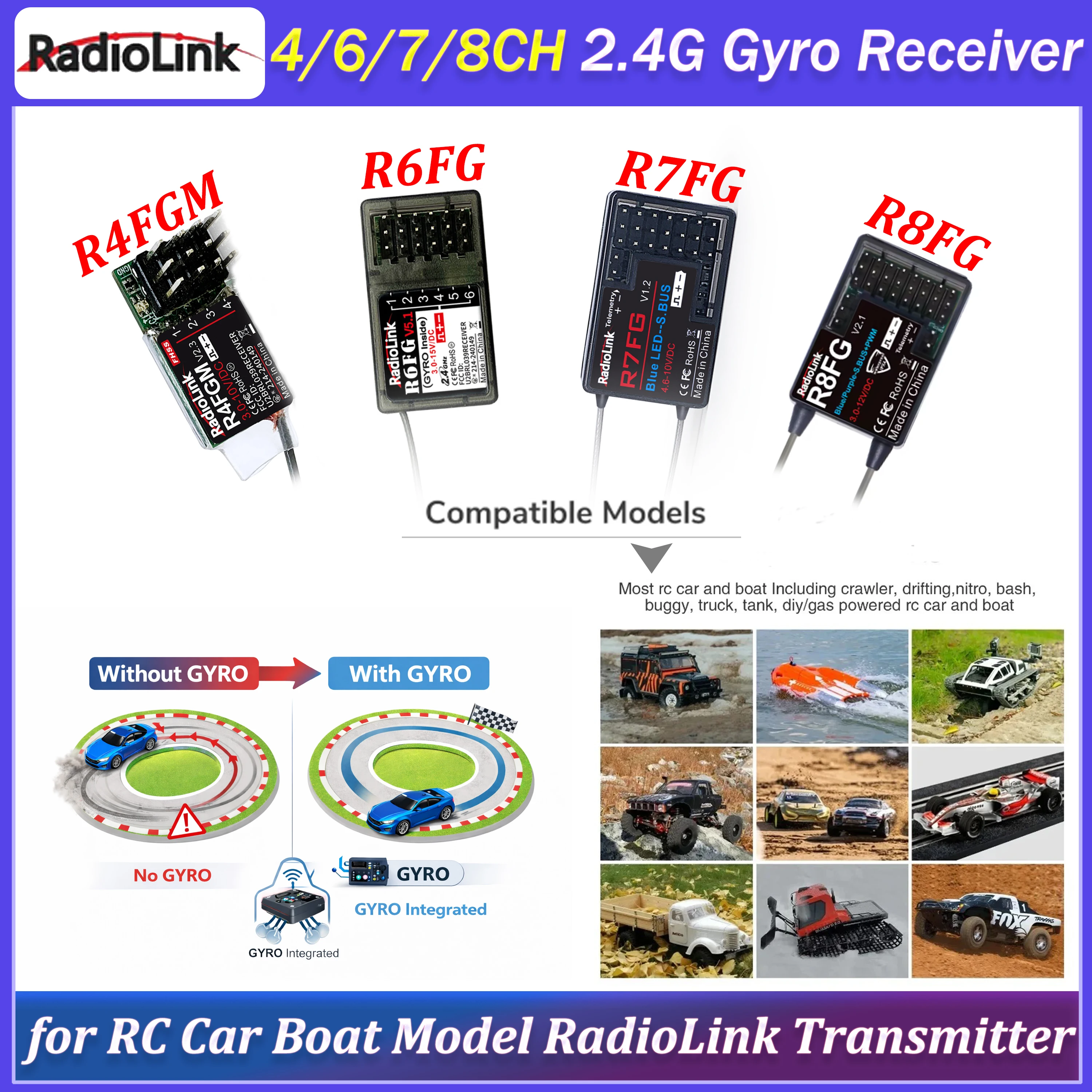 

Radiolink 2.4GHz R6FG R4FGM R7FG R8FG Receiver with Gyro for RC Car Boat Model for RC Transmitter RC4GS RC6GS T8FB T8S RC8X