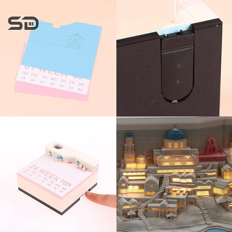 3D Memo Pad 2025 Desk Calendar Memo Pad 3D Magic Castle Weekly Calendar Notepad with Light Stationery Accessories Pen Holder