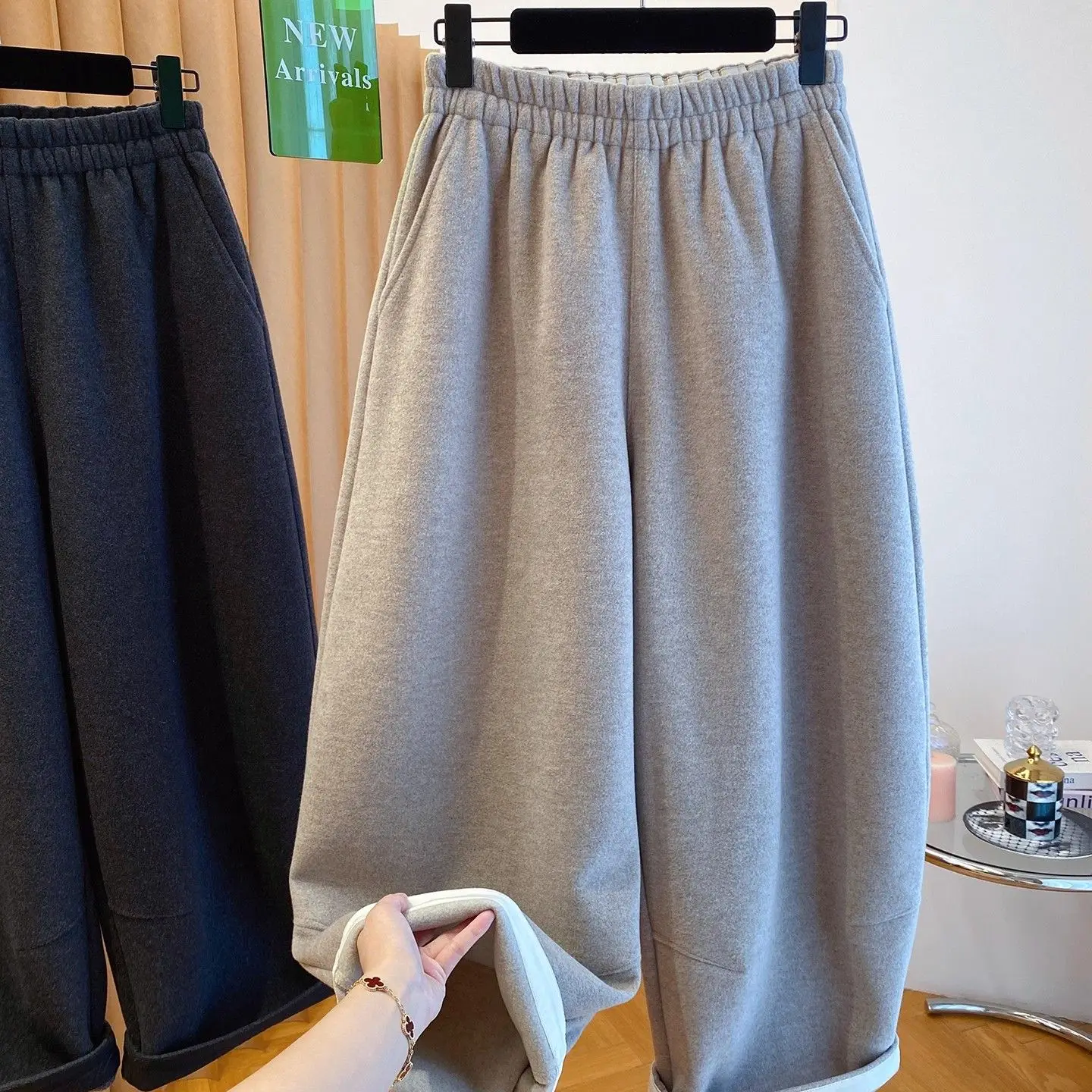 

plus Size 300 Pounds Korean Style Thickened Fleece Loose Drapey Casual Pants for Men And Women Autumn Winter New Style