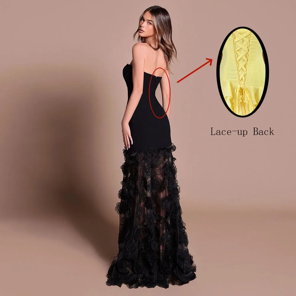 CUYUN Abiti da ballo di lusso personalizzati con fiori Abito da sera nero senza spalline con corsetto sul retro per abito da festa lungo per occasioni speciali