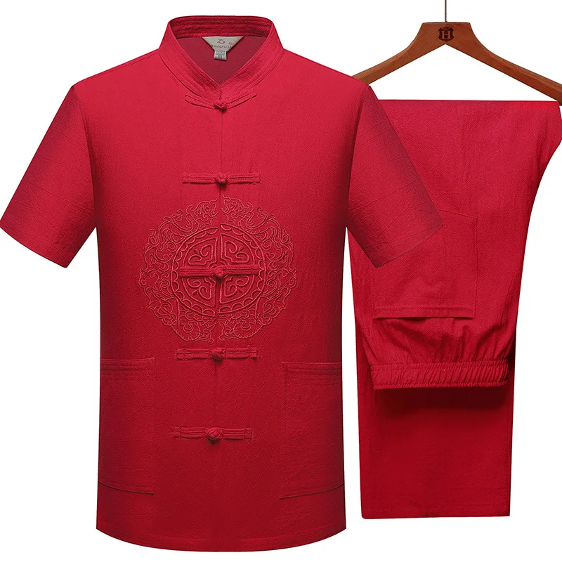 Red Cotton Traditional Chinese Style Tang Suit Embroidery Pattern Handmade Buttons Blouse Men Kung Fu Shirts Tops Jackets Pants