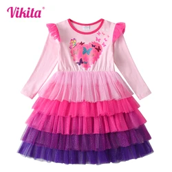 VIKITA Girls Heart Design Butterfly Print Dress Kids Pink Dresses Girls Autumn Spring Long Sleeve Mesh Tulle Layered Vestidos