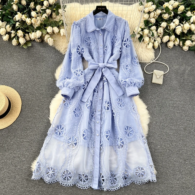 Palace Style Women's Dress 2024 New Embroidery Hollowed Out Flower Single Breasted Mid Length Puff Sleeve Dress