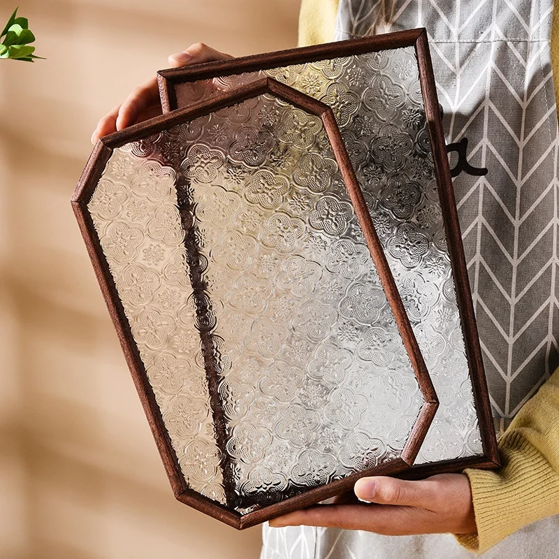 Long Rectangle Tea Set Storage Tray Vintage Floral Pred Glass Serving Plate Fruit Tray Dert Holder Home Dining Table