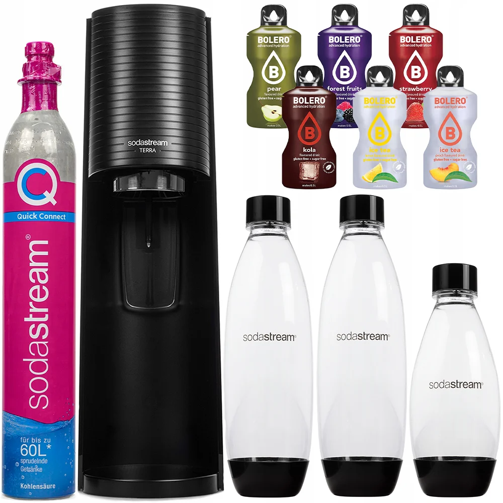 SATURATOR SET FOR WATER SODASTREAM TERRA BLACK 3 BOTTLES CYLINDER DRINKS