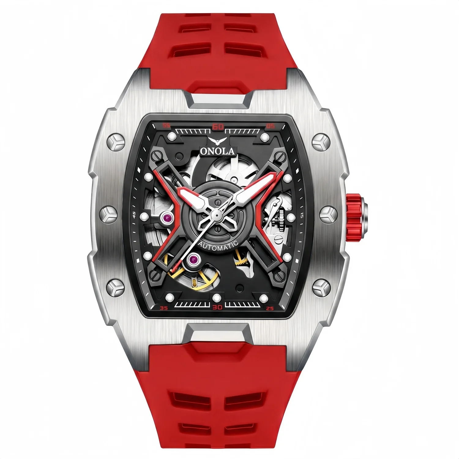 Luxury Tonneau Automatic Mechanical Watch for Men with Hollow Luminous Dial and Waterproof Silicone Strap