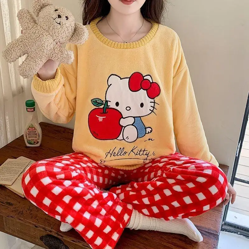 

Sanrio Hello Kitty коралловый флисовый пижамный комплект для женщин, теплый домашний костюм, зимний милый мультяшный толстый фланелевой осенний женский костюм, зима,