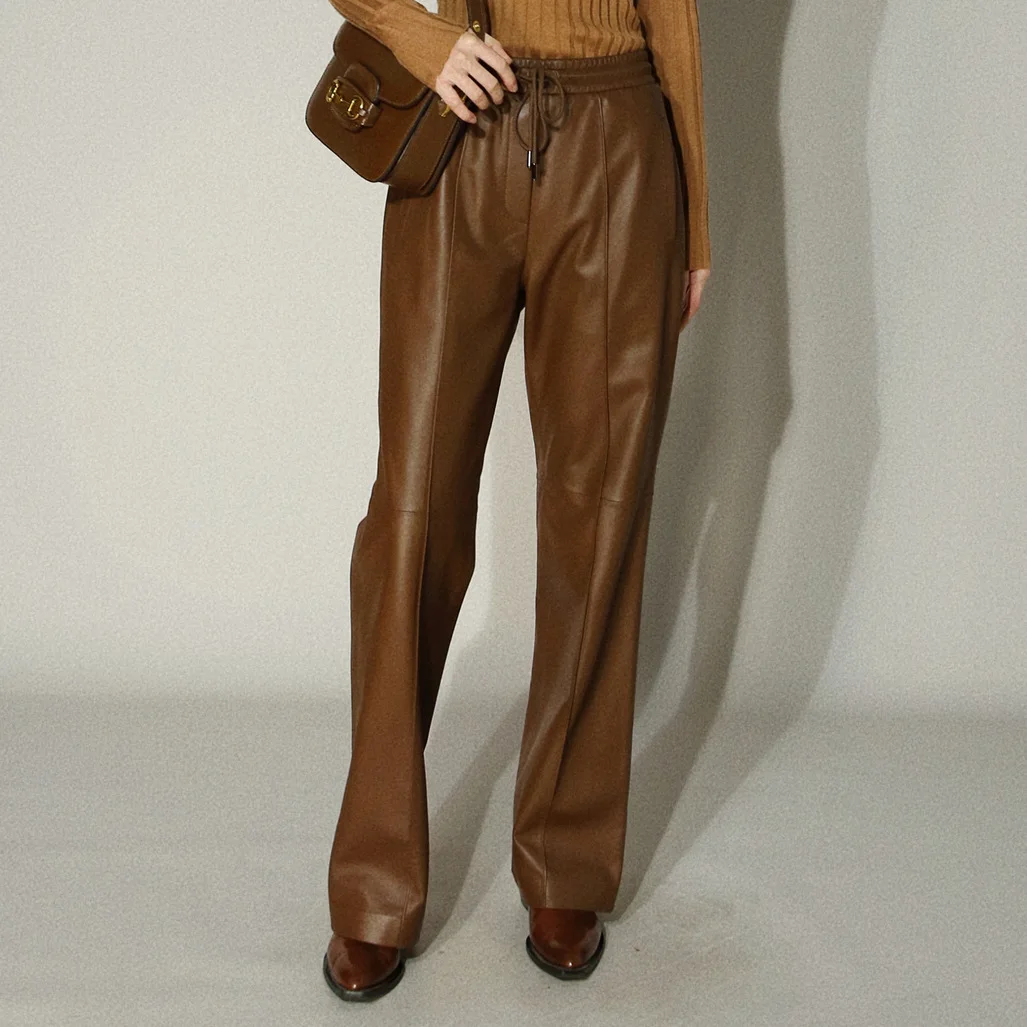 2024 New Style  Autumn And Winter  Women  Elastic Waist  Drawstring Design  Long Genuine Sheepskin Leather Pants