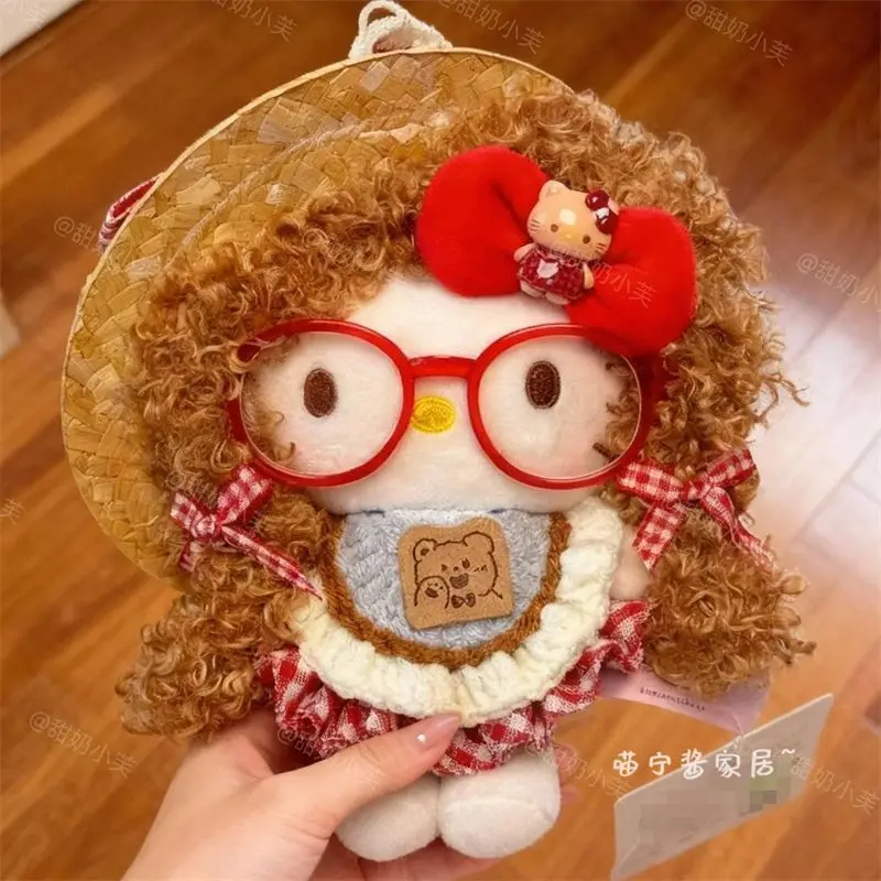 

Sanrio Hello Kitty Brown Curly Hair Double Braids Straw Hat Red-Frame Glasses Little Bear Plaid Skirt Plush Toy Keychain Pendant