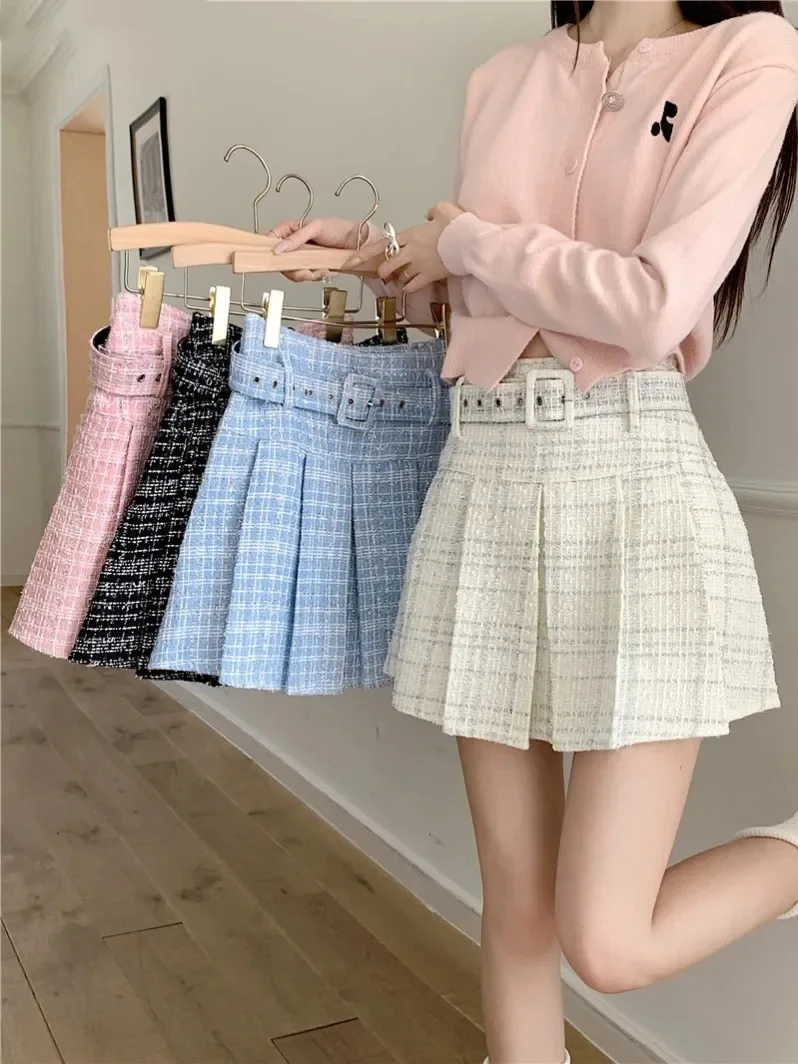 Small Fragrance Tweed Mini Skirt High Waist Belt Solid A Line Pleated Skirts Korean Chic Design Hip Women Clothing