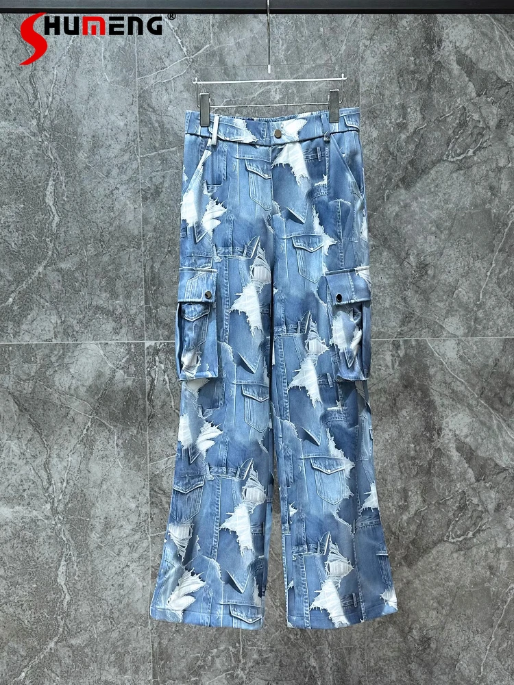 

Men's 2025 Autumn New Printed Straight Comfort Long Pants Trendy Wide-Leg Trousers Male Handsome Multi Pocket Decoration Pants