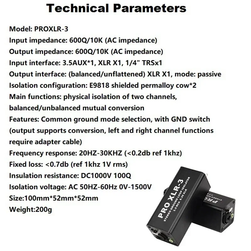 PRO XLR-3 Profesjonalny stereofoniczny izolator pętli uziemienia 3,5 RCA 6,35 XLR Audio Filtr szumów Tłumik szumów Izolator do PC Trwały