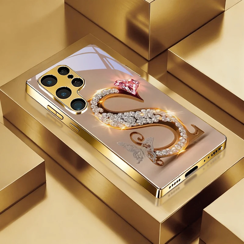 Jeweled Initial S Golden Phone Case For Samsung A50/A51/A52/A53/A54/A55/A56/A57/A71/A72/A73/A31/A32/A34/A36/A37/A30s Glass Cover