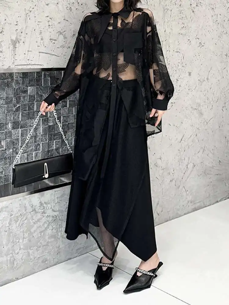 

Women Black Lace Perspective Elegant Big Size Blouse New Lapel Long Sleeve Shirt Fashion Tide Spring Autumn