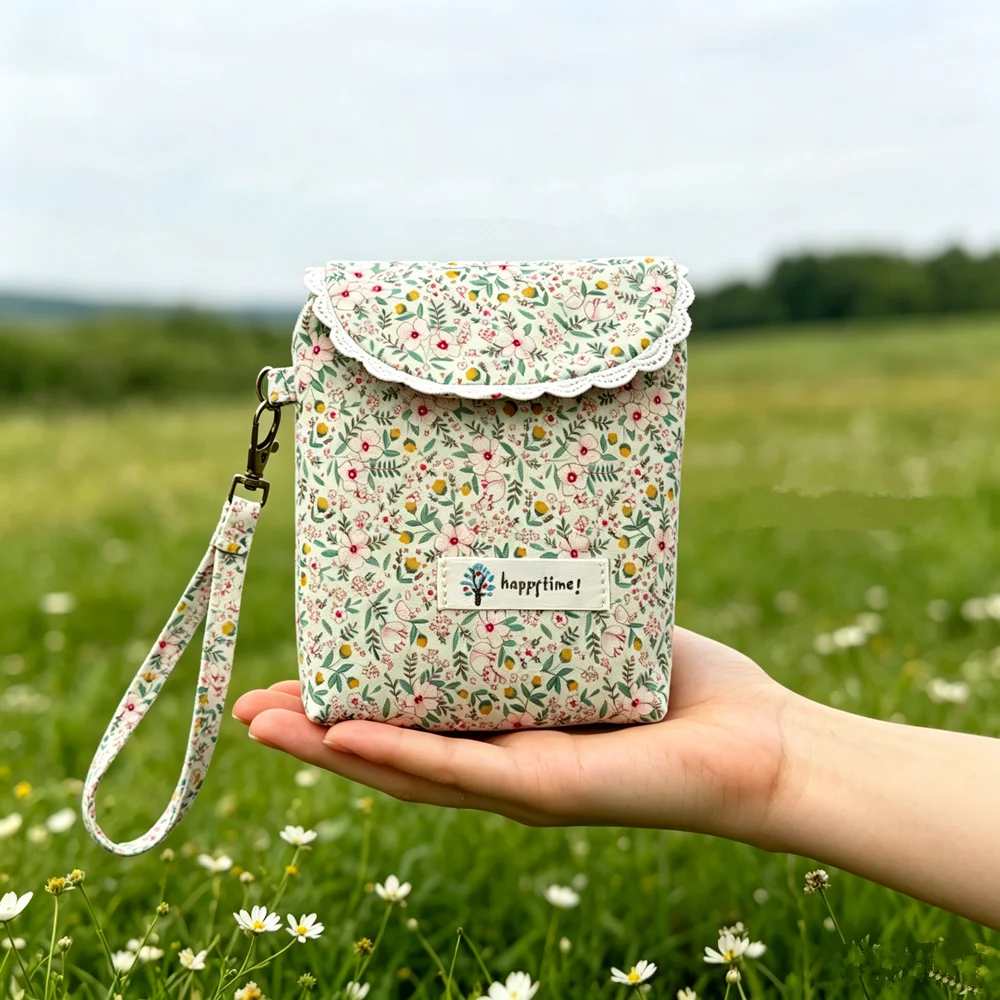 Vintage floral print canvas mini phone pouch, lace-trimmed flap wristlet with a detachable shoulder strap, compact multi-pocket