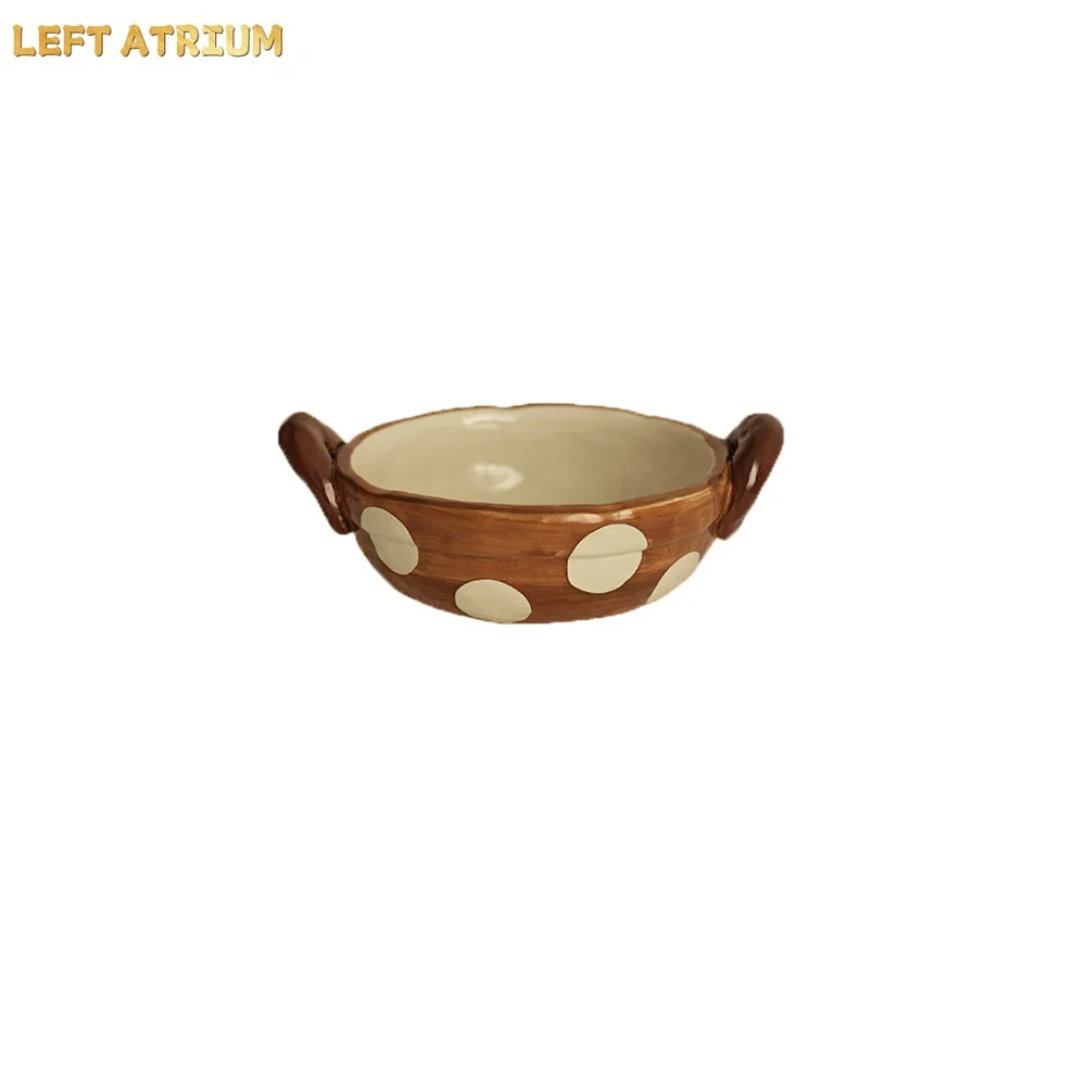 Japanese Style Vintage Porcelain Bowl Double Handles Contrast Color High Grade Ceramic Food Container Yogurt Fruit Salad Bowls view 6