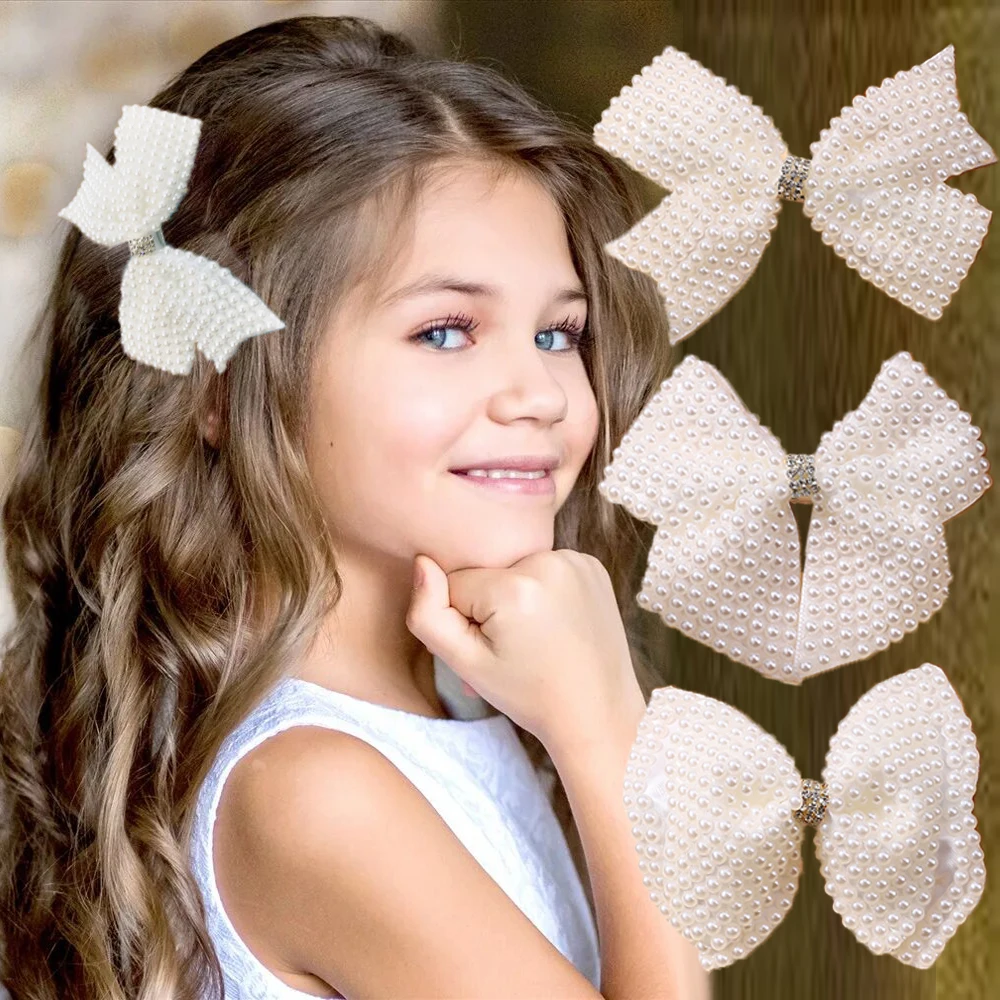 

New White Pearl Hair Bows With Hair Clips For Girls Kids Boutique Layers Bling Rhinestone Center Bows Hairpins Hair Accessories