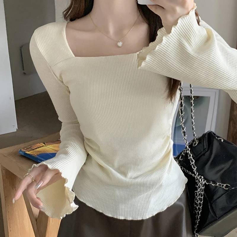 Ruffles Flare Long Sleeve Basic Crop T Shirt Women Slim Tops Square Collar T-Shirts 2023 Autumn Tee Shirt Femme Cropped Feminino