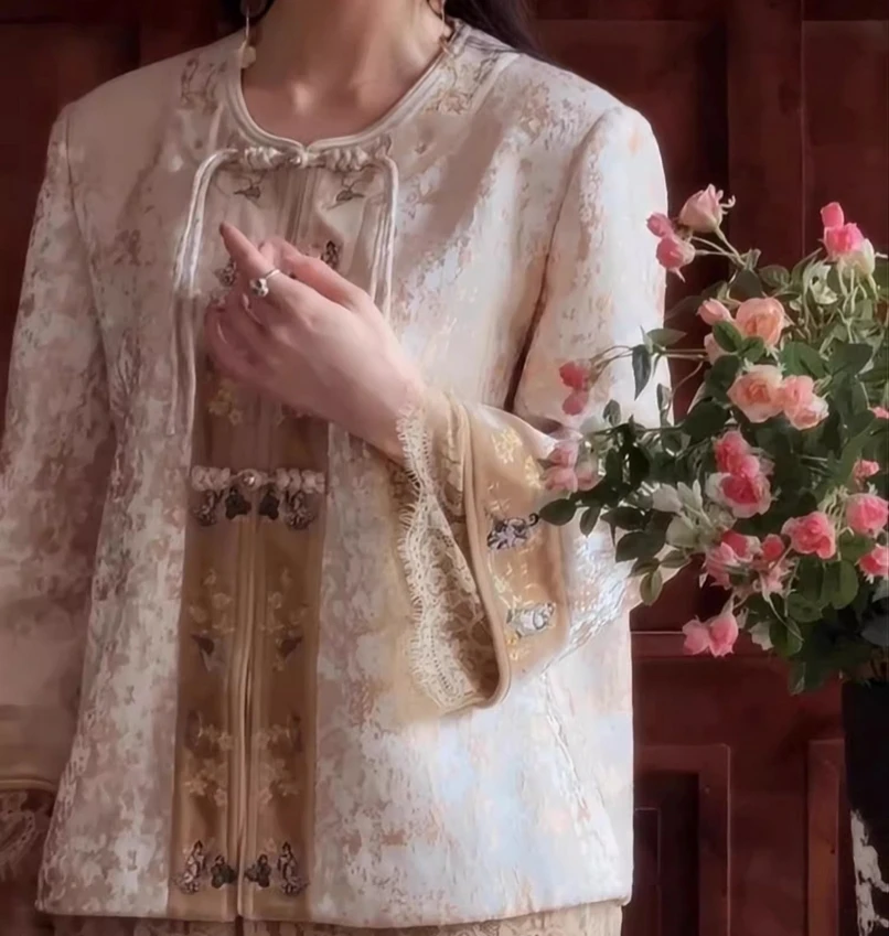 

Chinese-style Zen-inspired set for women, heavy-duty jacquard embroidery, spliced lace jacket + skirt two-piece set