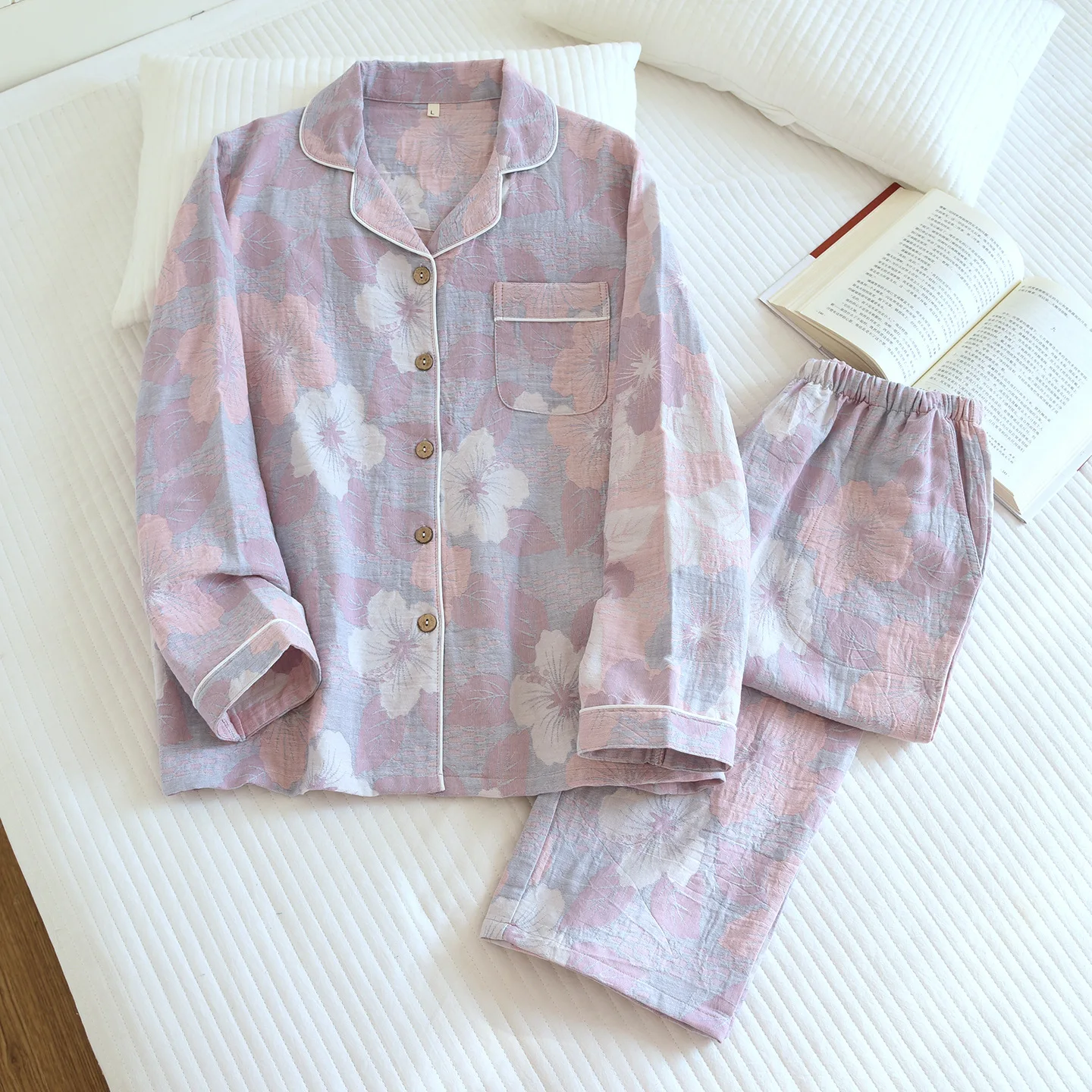 

Yarn-Dyed Jacquard Pajamas Set for Ladies Spring Long-Sleeve Long-Pants Jacquard Cardigan Homewear Pijamas Feminino Set