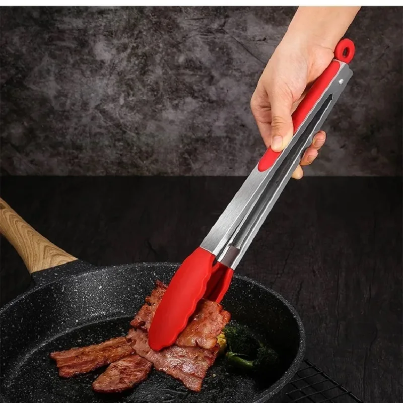 Food Grade Stainless Steel Silicone Food Tongs Kitchen High Temperature Resistant Steak Barbecue Tongs Barbecue Tongs 1 SET 3PCS