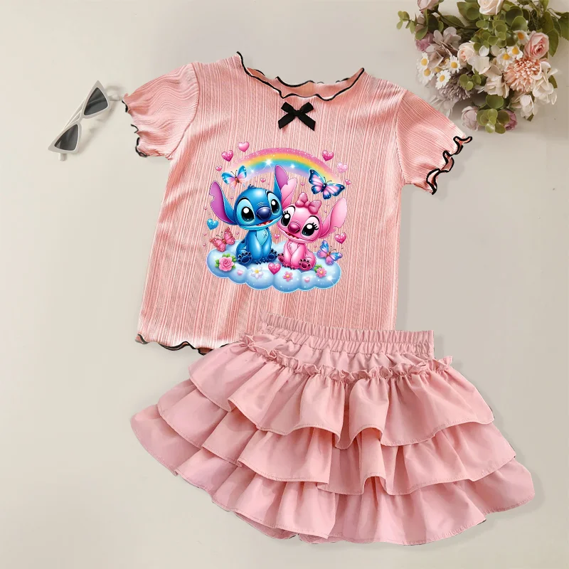 

2PCS Lilo and Stitch Baby Girls Cute T Shirts+skirt Set Ice Silk T-shirt Child Summer Clothes Fashion Short Sleeves Party Gift