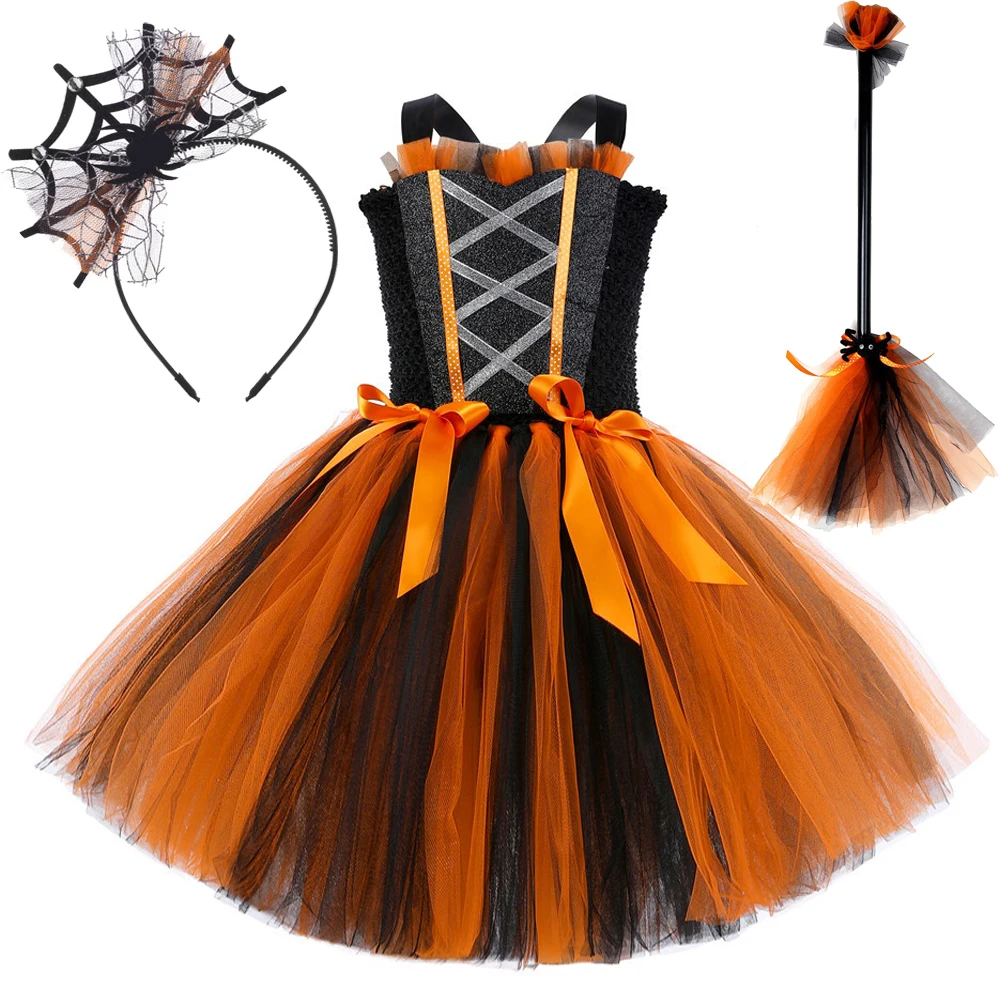 

Black Orange Witch Costumes for Girls Kids Carnival Halloween Fancy Dress Spider Tutu Outfit with Magic Broom Bow Child Clothes