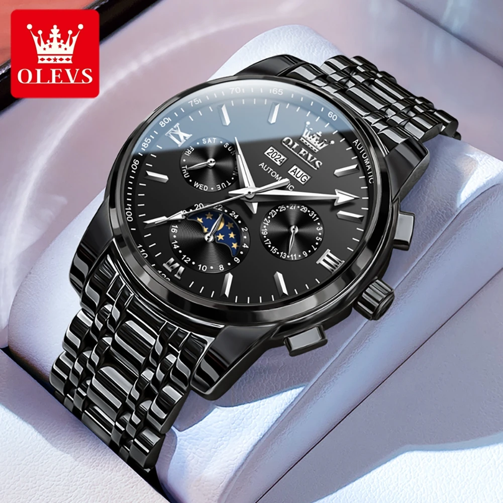 OLEVS 6633 Mechanical Wristwatch for Man Stainless Steel Waterproof Luxury Business Moon Phase Week Day Date Men's Watch