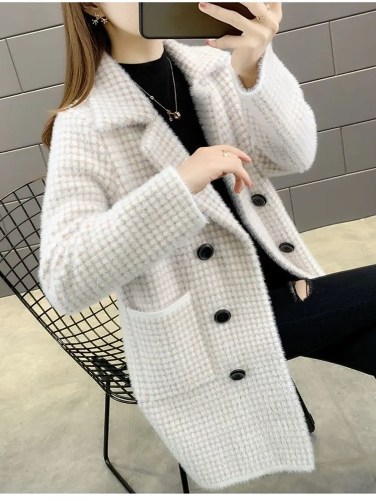 Women Plaid Long Mohair Cardigan Coat Autumn Mink Fur Knitting Jacket