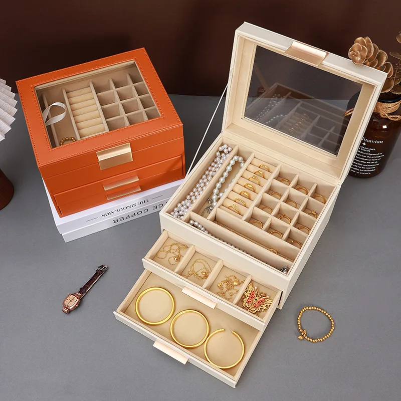 

Хит продаж, шкатулка для хранения ювелирных изделий, легкая роскошная кожаная шкатулка для драгоценностей большой емкости, кольцо, ожерелье, шкатулка для аксессуаров для демонстрации ювелирных изделий
