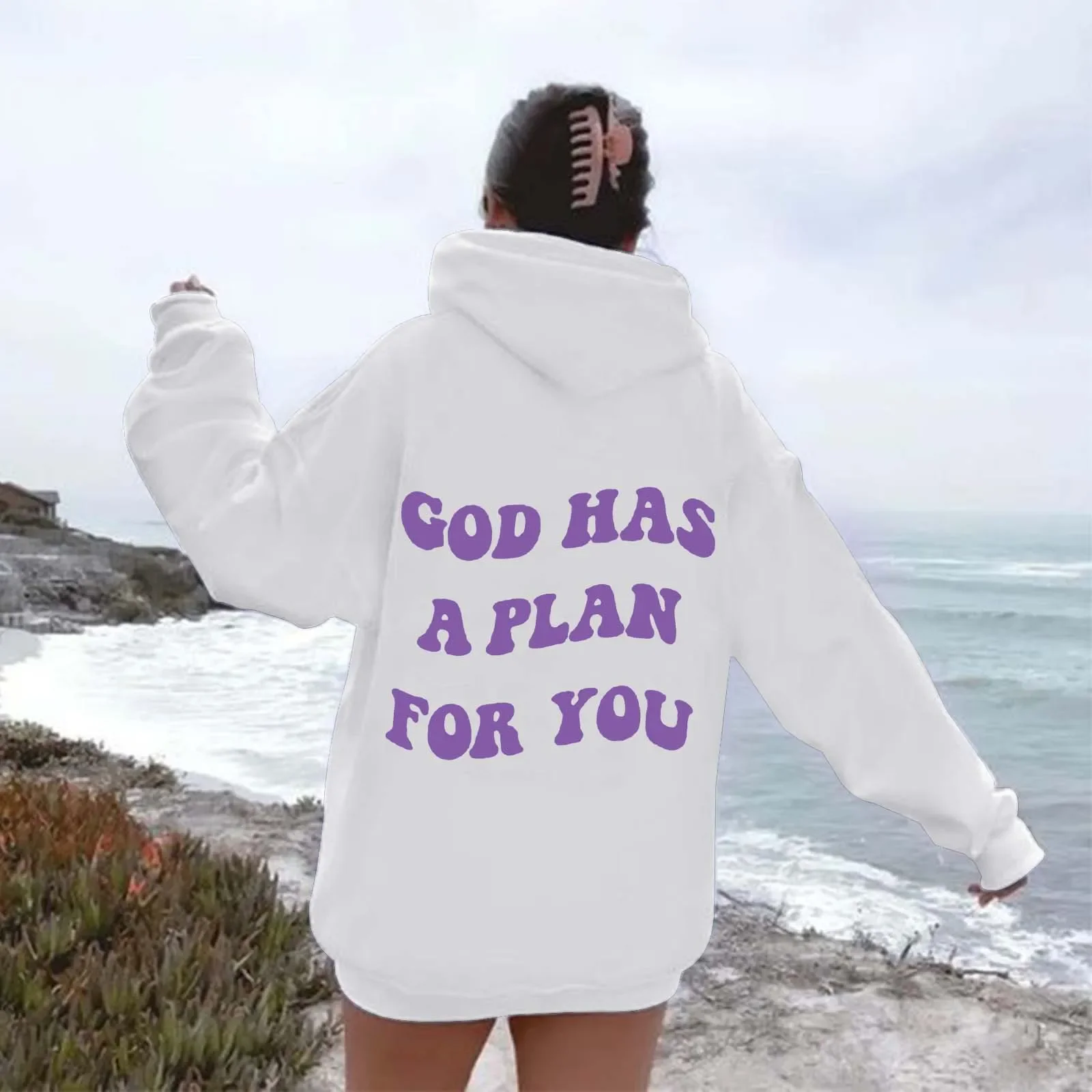 

GOD HAS A PLAN FOR YOU Women Plush Hoodies Lettering Slogan Print Kangaroo Pocket Drawstring Loose Hoodies
