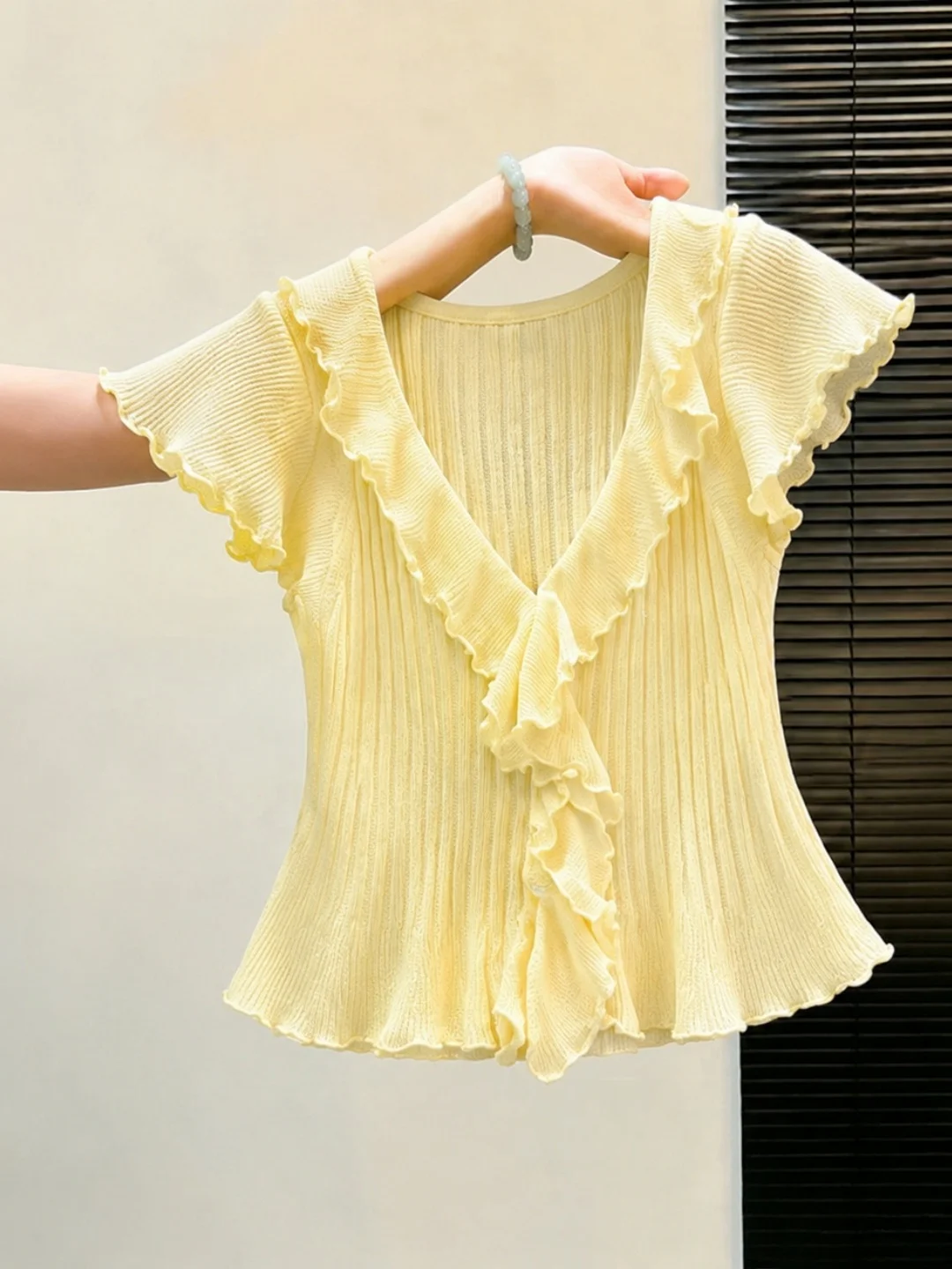 

Sweet Style Korean Version Short Sleeve Knitted T-Shirt Ruffle Hem Slim Fit Summer Versatile Folded Top for plus Size Women