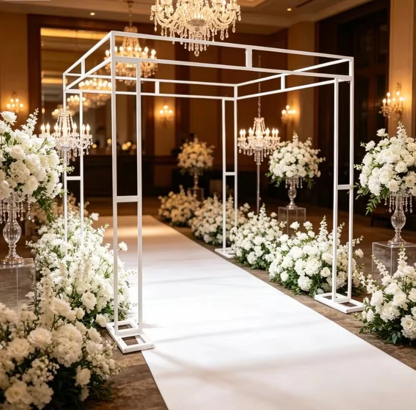 Eleganter schmiedeeiserner Hochzeitspavillon für den Außenbereich, quadratischer Metalltisch für künstliche Hochzeitsdekoration. – Detail 7