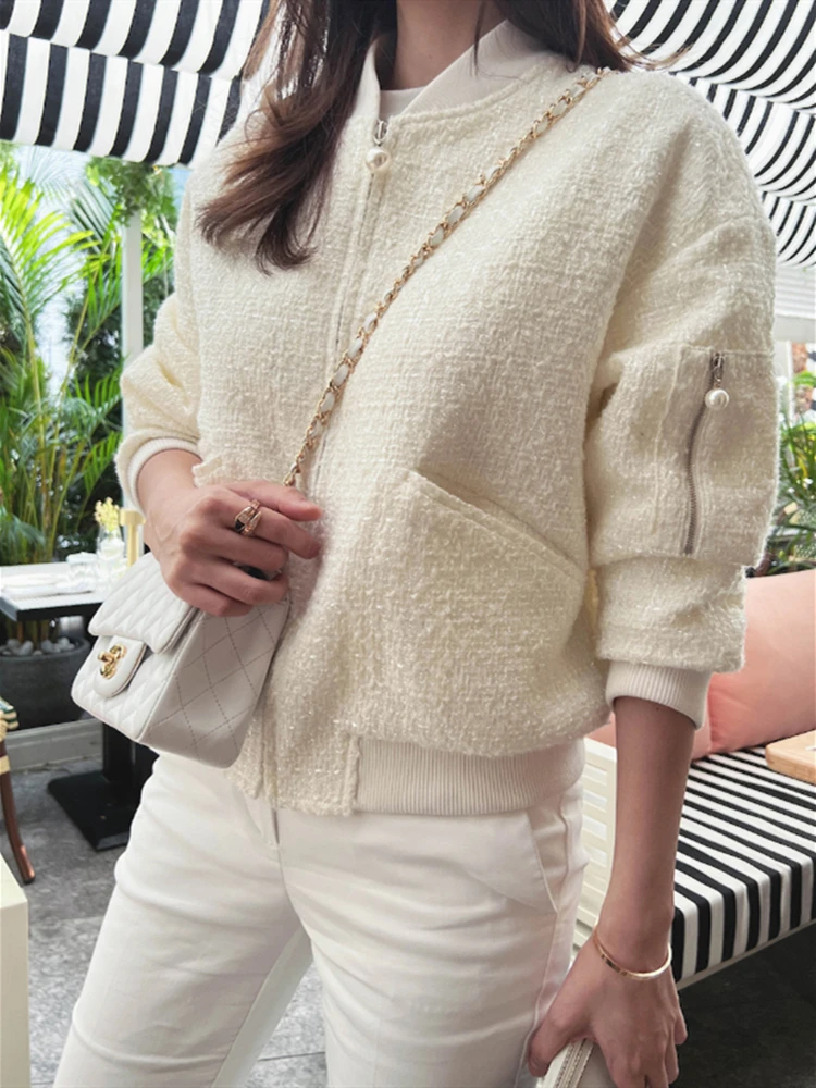 

2023 Autumn New Pocket Round Neck Zipper Tweed Woolen Jacket For Women Elegant Long Sleeve Wool Blends Jackets Coat White/Black