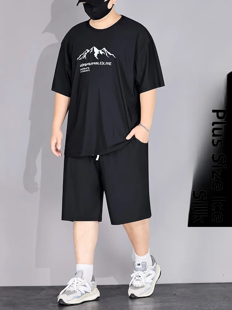 

Summer Ice Silk Loose Casual Men's T-irt Set plus Size 2-Piece Sportswear Polyester Nylon Fabric ort Sve Five-Quarter ...