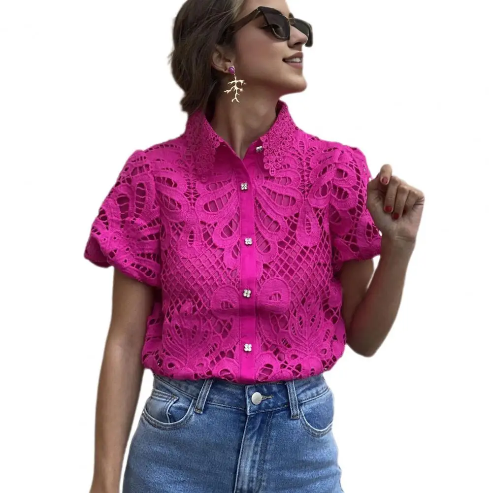 

Women Lace Shirt Lace Crochet Blouse for Slim Lapel Shirt with Puff Sleeves Button Closure Stylish