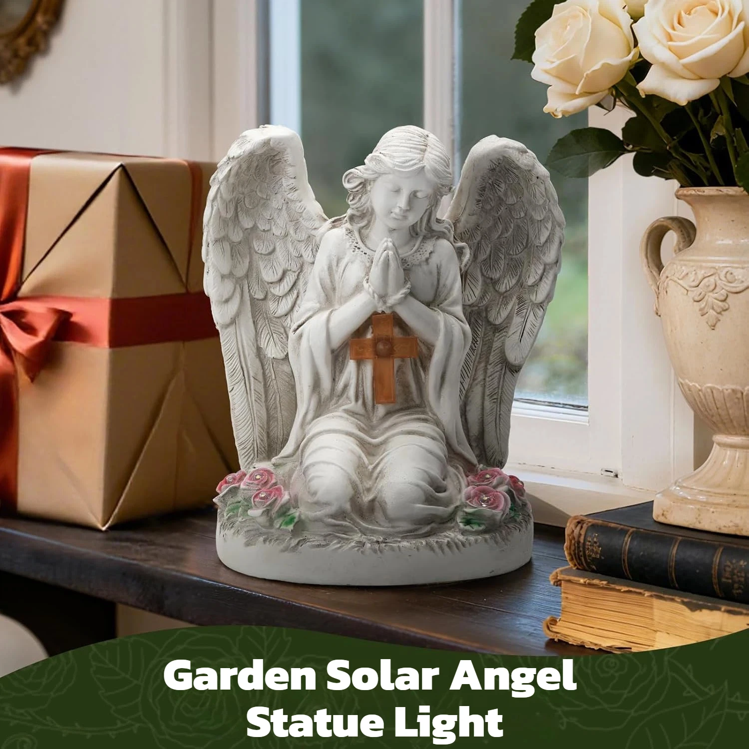 Outdoor Garden Solar Statue Light, Solar Angel Garden Statue Cemetery Decorations, Garden Resin Prayer Angel with Cross Statue Light, for Lawn Yard Patio Pathway Home Decor 6