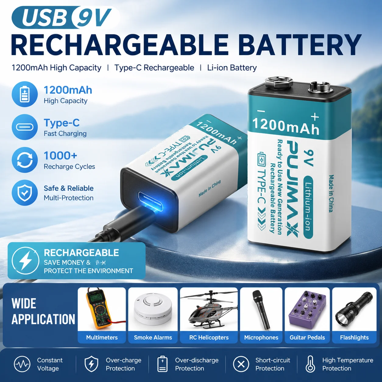 Hotsale 9V Type-C Rechargeable Battery 1200mAh USB Rechargeable 9V Li-ion Battery for Helicopeter Model Multimeter Smoke Alarm
