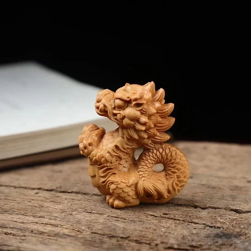 Solid Wood Small Fire Dragon Ingot Fortune Statue Natural Wooden Hand Carved Cute Home Room Mini Feng Shui Decoration Statue