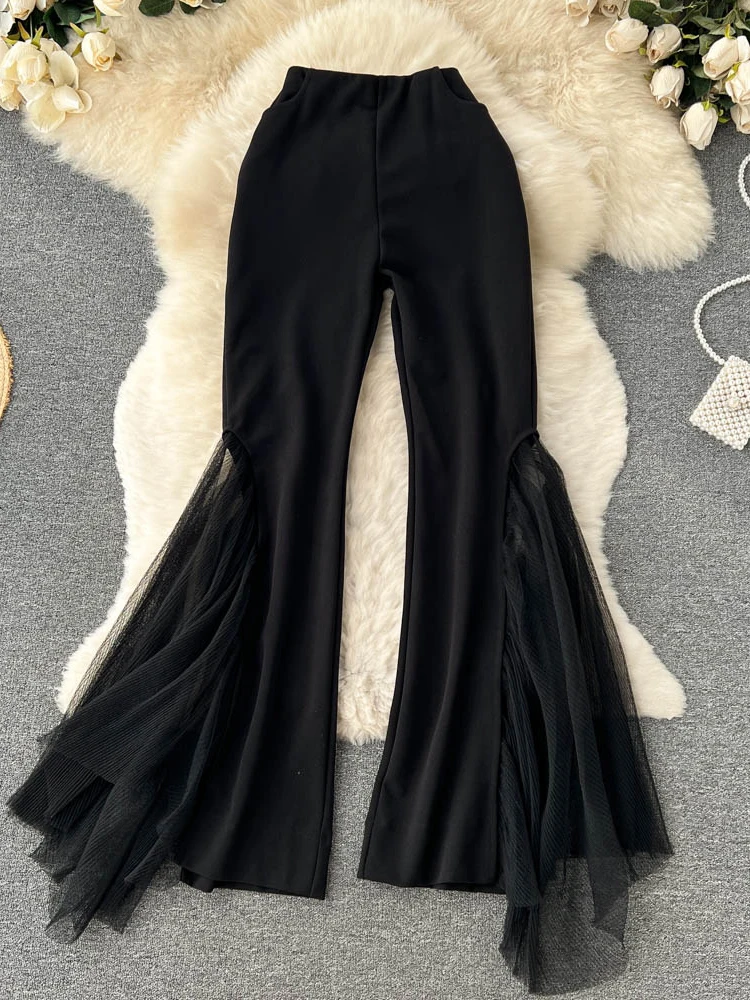 Mesh Spliced Y2k Pants for Women Spring 2023 High Waisted Split Solid Wide Leg Flare Pants Fashion Chic Casual Pants