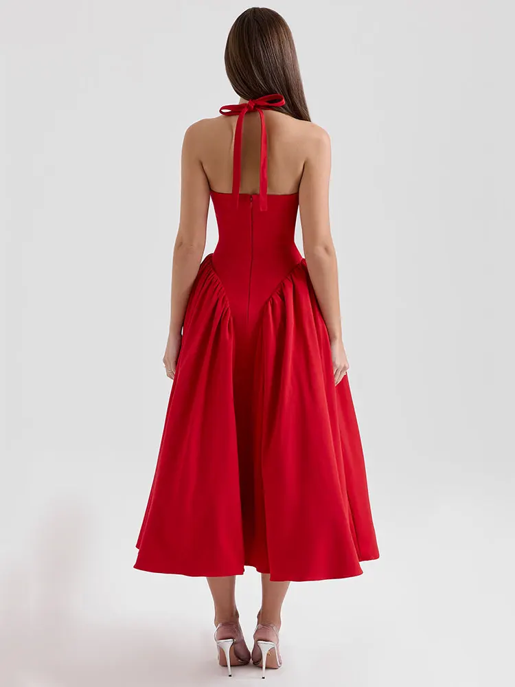 Gacvga dupla camada halter sexy midi vestido longo para as mulheres verão elegante plissado sem costas clube festa vestido de noite