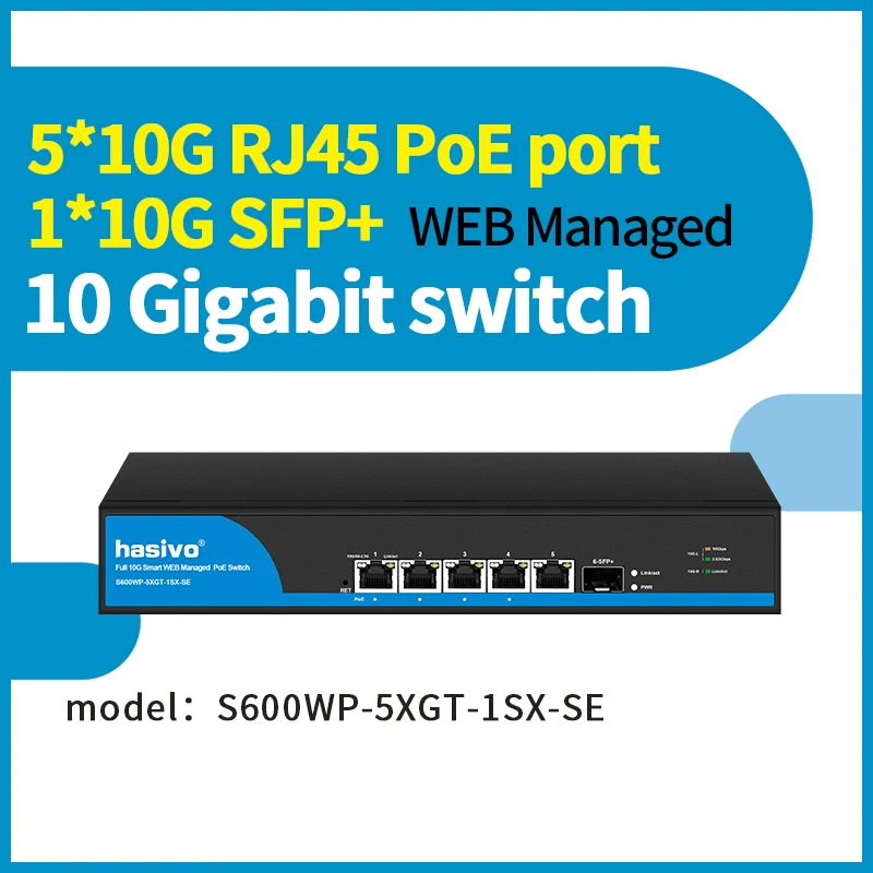 Hasivo Web gerenciou PoE completo de 10Gbe 5 portas ou não PoE com switch de rede 1*10G SFP+